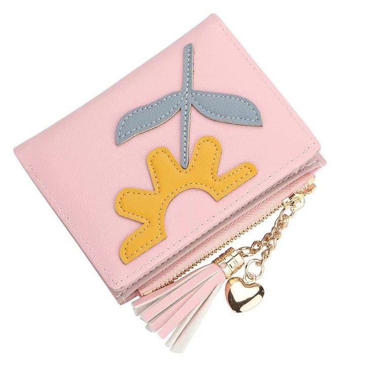 Dompet Kecil berwarna pink muda dengan hiasan setengah bunga matahari dan daun