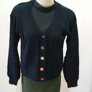 ini adalah Rajut Kancing Pelangi Hitam, size: L, material: wol, color: black, brand: Rajutcardyindonesia, age_group: all ages, gender: female