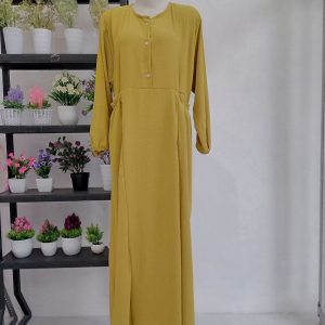 Ini adalah Gamis Crinkle Chika Lemon size: L, material: crinkle, color: yellow lemon, brand: Gamischika, age_group: all ages, style: fashionable dress, gender: female, pattern: plain,